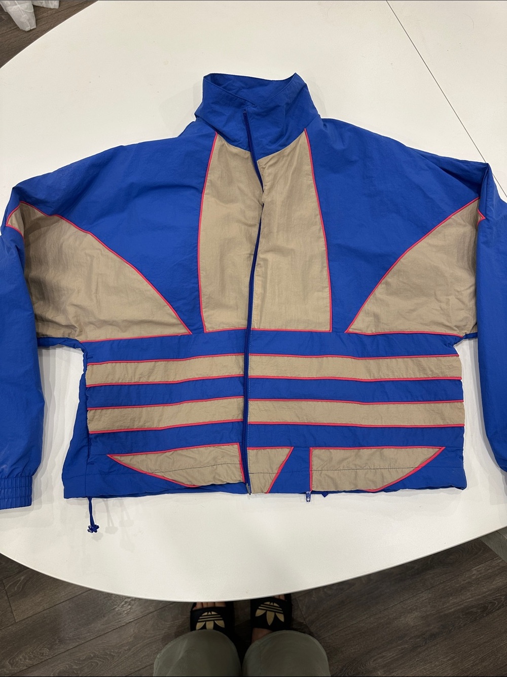 adidas Blue and Tan Colorblock Windbreaker with Pink Trim